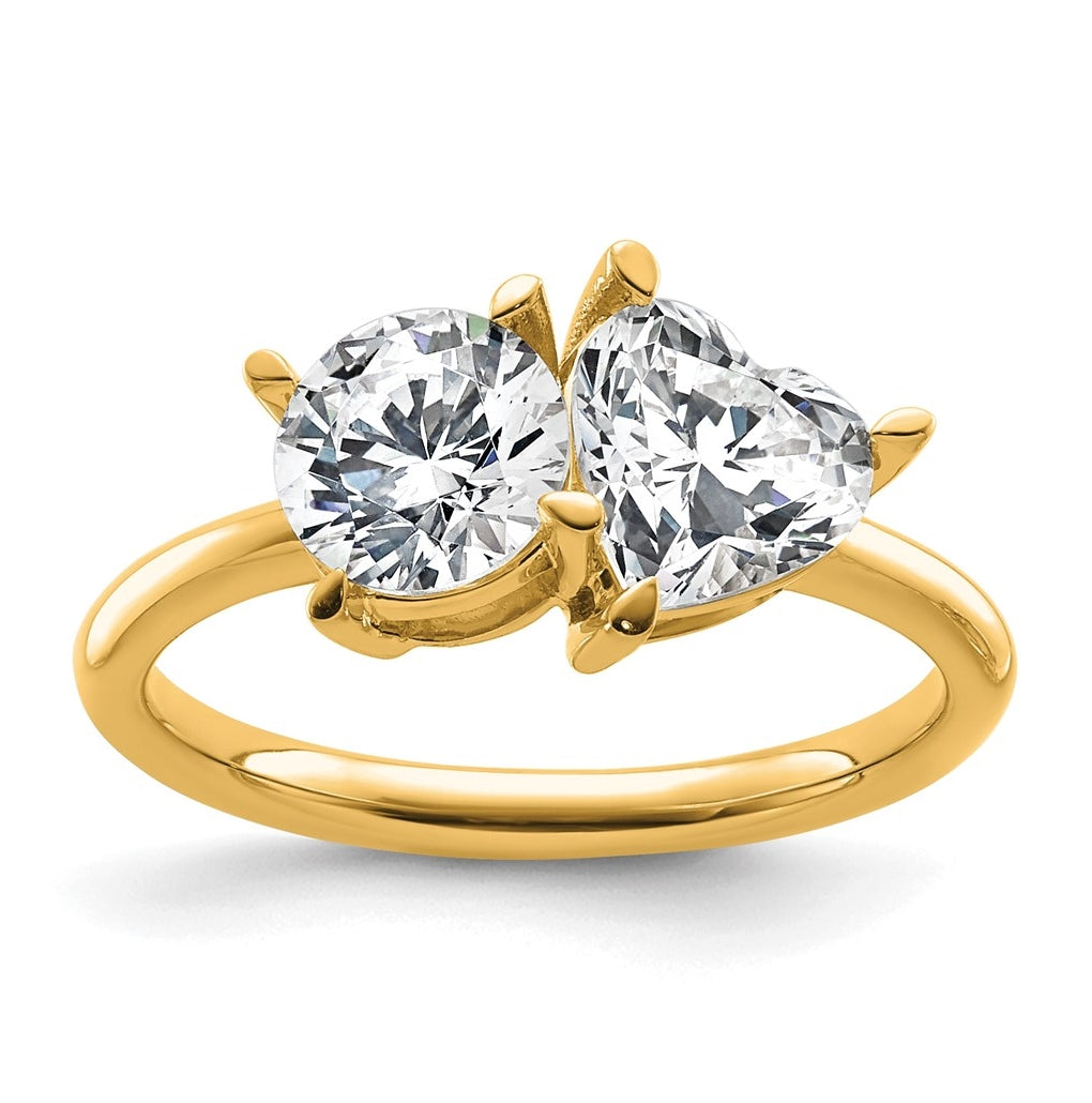 14k Yellow Gold 2 1/8 carat Lab Grown Diamond VS+ F+ Round and Heart Complete Asymmetrical Two Stone Engagement Ring