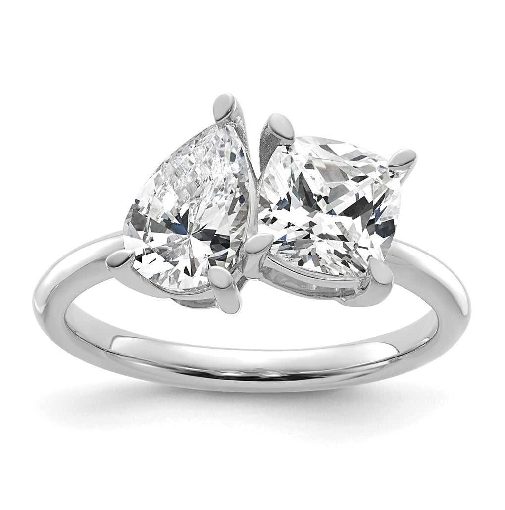 14k White Gold 2 carat Lab Grown Diamond VS+ F+ Cushion and Pear Complete Asymmetrical Two Stone Engagement Ring