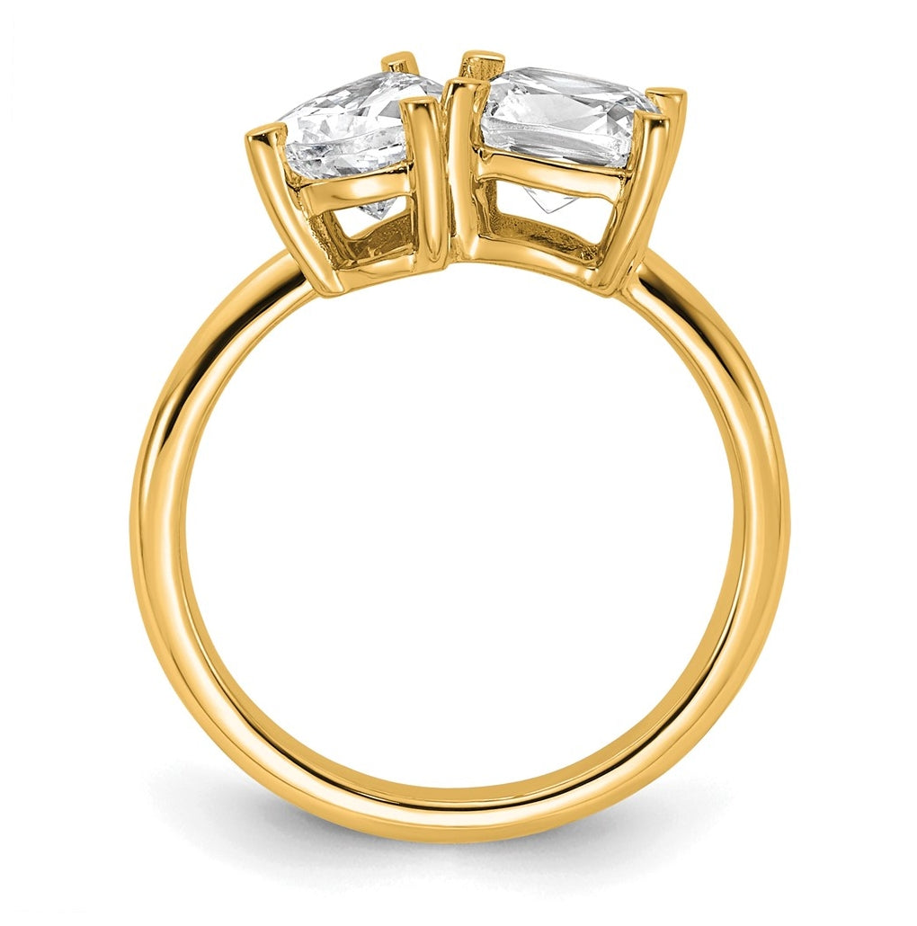 14k Yellow Gold 2 carat Lab Grown Diamond VS+ F+ Cushion and Pear Complete Asymmetrical Two Stone Engagement Ring