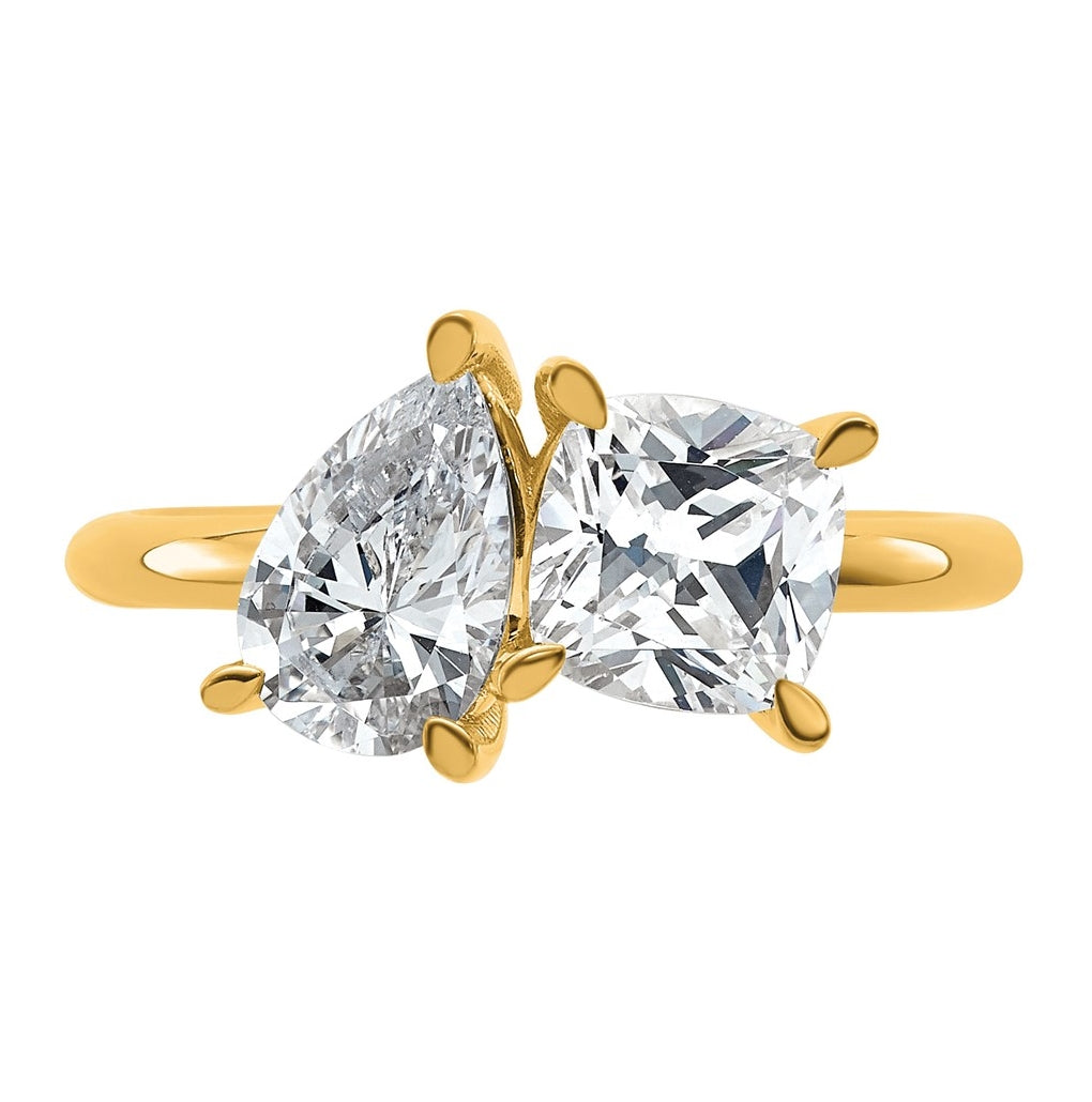14k Yellow Gold 2 carat Lab Grown Diamond VS+ F+ Cushion and Pear Complete Asymmetrical Two Stone Engagement Ring