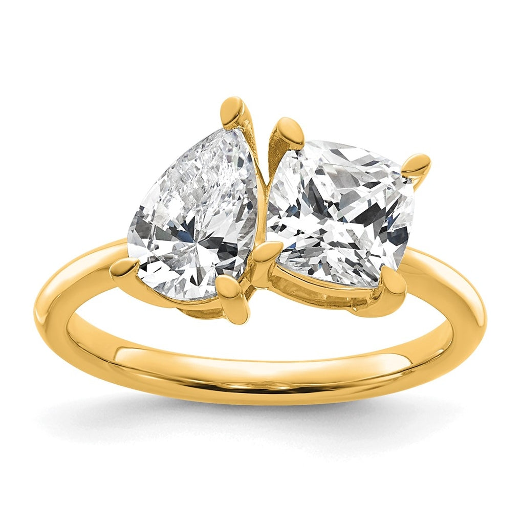 14k Yellow Gold 2 carat Lab Grown Diamond VS+ F+ Cushion and Pear Complete Asymmetrical Two Stone Engagement Ring