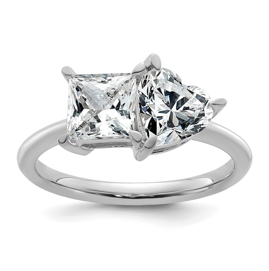 14k White Gold 2 1/8 carat Lab Grown Diamond VS+ F+ Princess and Heart Complete Asymmetrical Two Stone Engagement Ring