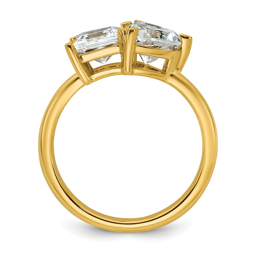 14k Yellow Gold 2 1/8 carat Lab Grown Diamond VS+ F+ Princess and Heart Complete Asymmetrical Two Stone Engagement Ring