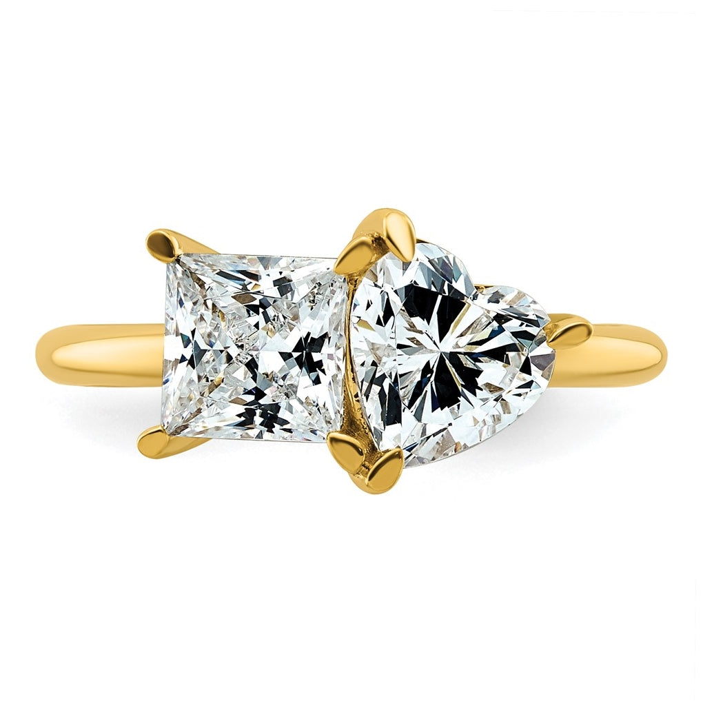 14k Yellow Gold 2 1/8 carat Lab Grown Diamond VS+ F+ Princess and Heart Complete Asymmetrical Two Stone Engagement Ring