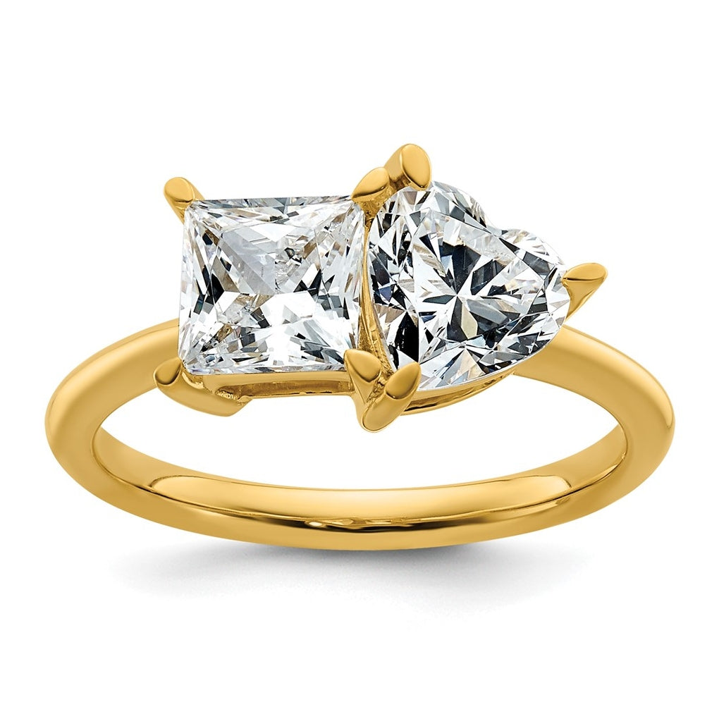 14k Yellow Gold 2 1/8 carat Lab Grown Diamond VS+ F+ Princess and Heart Complete Asymmetrical Two Stone Engagement Ring