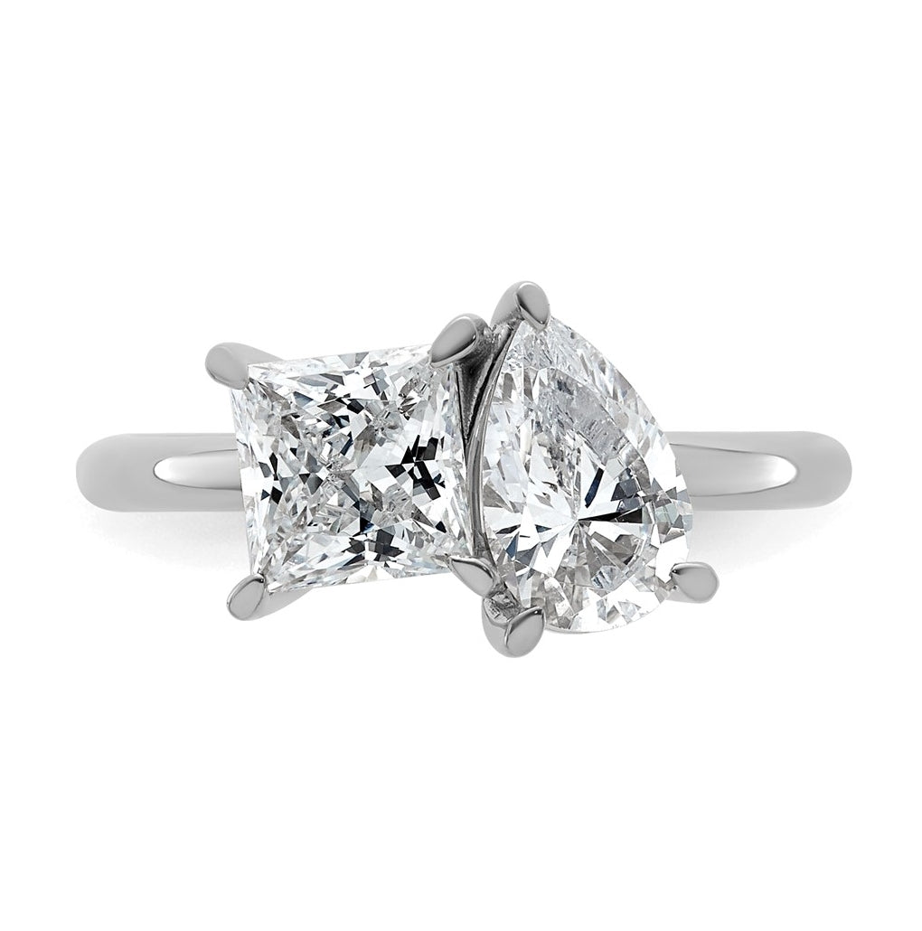 14k White Gold 2 carat Lab Grown Diamond VS+ F+ Princess and Pear Complete Asymmetrical Two Stone Engagement Ring
