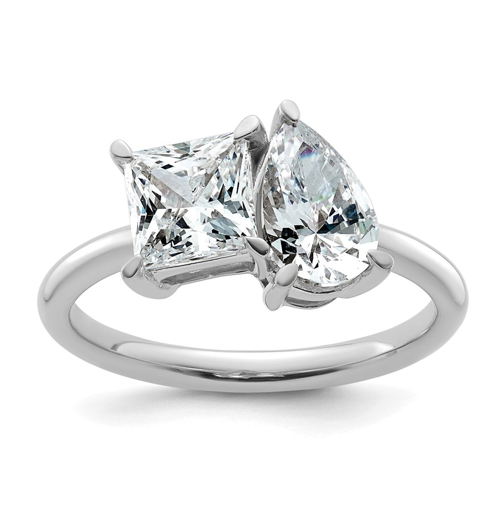 14k White Gold 2 carat Lab Grown Diamond VS+ F+ Princess and Pear Complete Asymmetrical Two Stone Engagement Ring