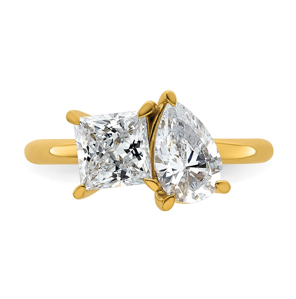 14k Yellow Gold 2 carat Lab Grown Diamond VS+ F+ Princess and Pear Complete Asymmetrical Two Stone Engagement Ring