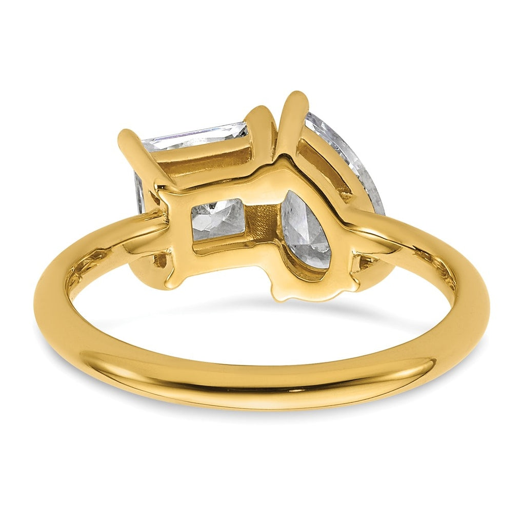 14k Yellow Gold 2 carat Lab Grown Diamond VS+ F+ Princess and Pear Complete Asymmetrical Two Stone Engagement Ring
