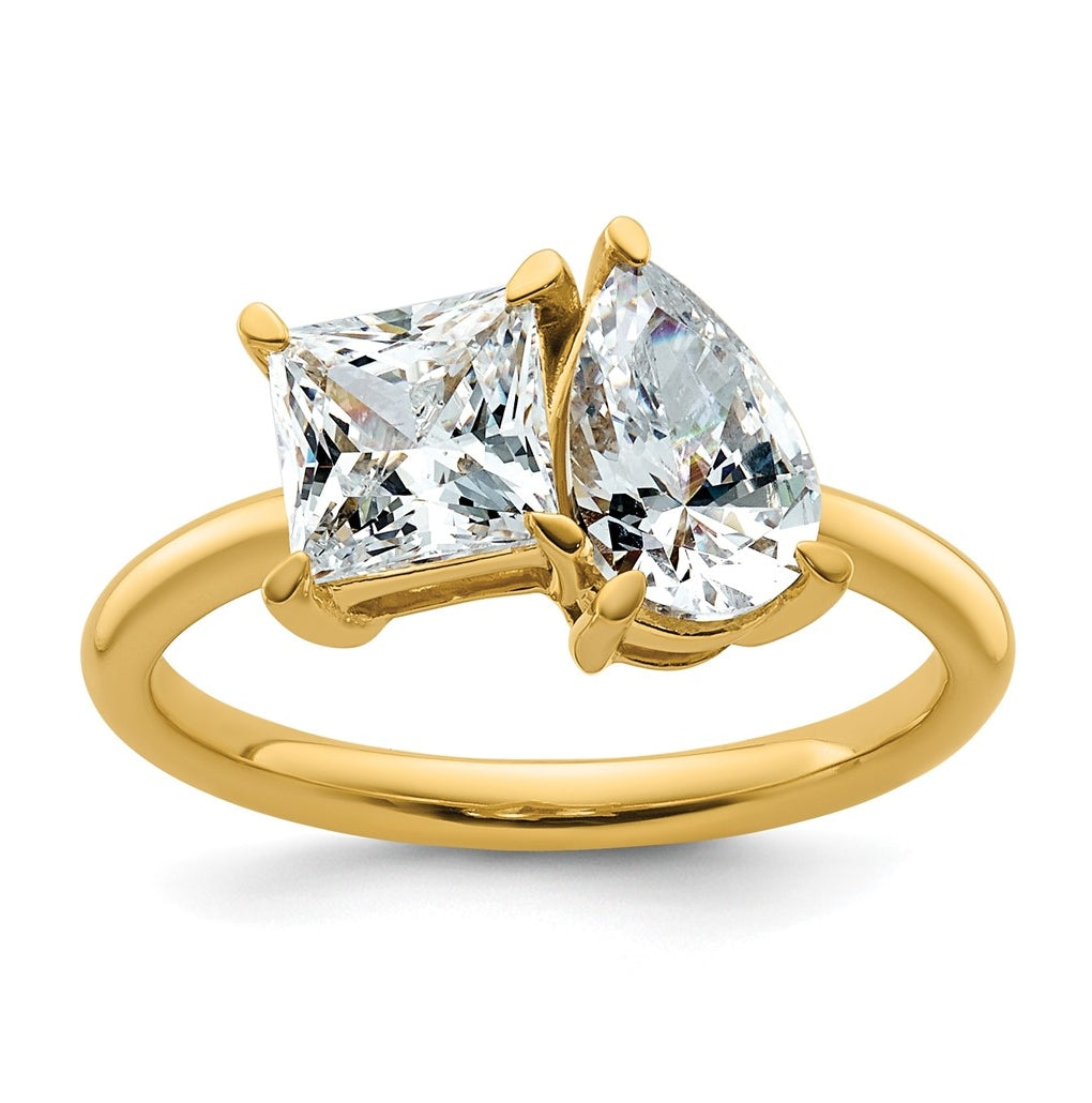 14k Yellow Gold 2 carat Lab Grown Diamond VS+ F+ Princess and Pear Complete Asymmetrical Two Stone Engagement Ring
