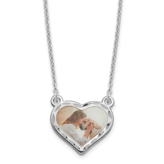 Sterling Silver Rhodium plated Small Diamond-cut Heart Picture Jewelry Necklace
