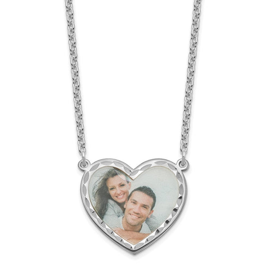 Sterling Silver Rhodium plated Large Diamond-cut Heart Picture Jewelry Necklace
