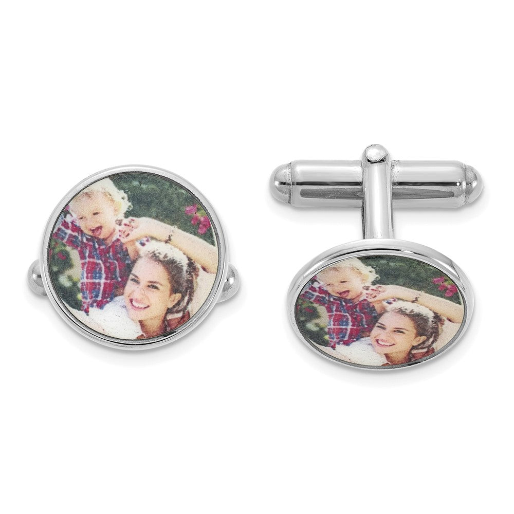 Sterling Silver Rhodium plated Small Round Picture Jewelry Cuff Link