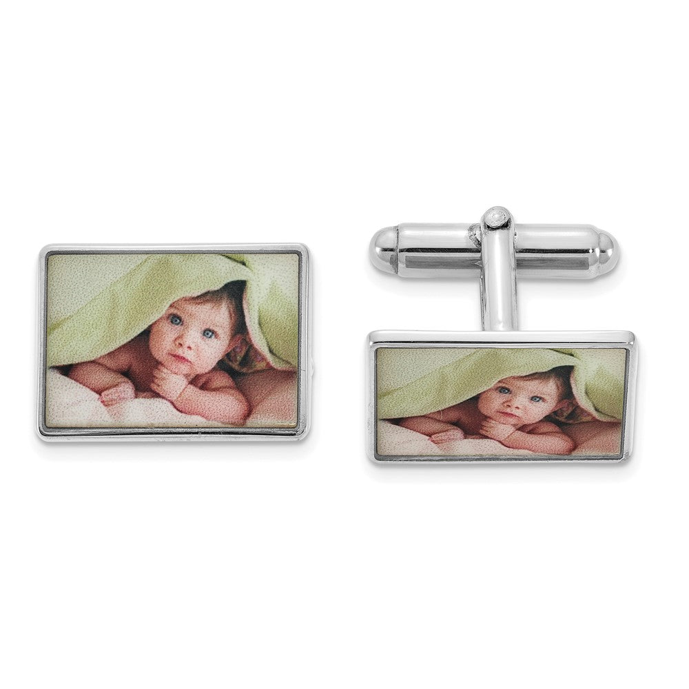 Sterling Silver Rhodium plated Small Rectangle Picture Jewelry Cuff Link