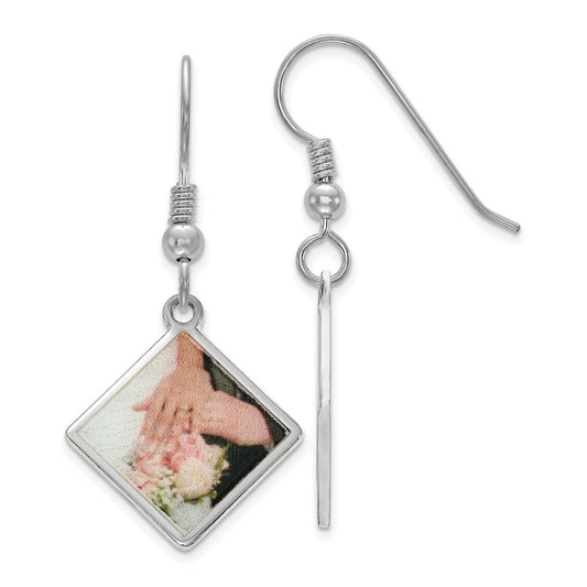 Sterling Silver Rhodium plated Diamond Shaped Picture Jewelry Earrings