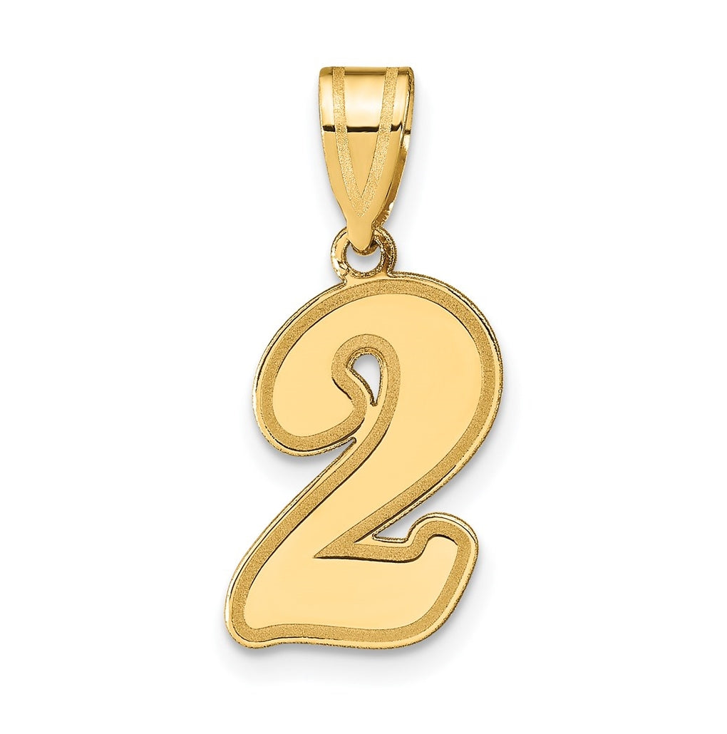 14K Yellow Gold Brushed Border Script Number 2 Pendant
