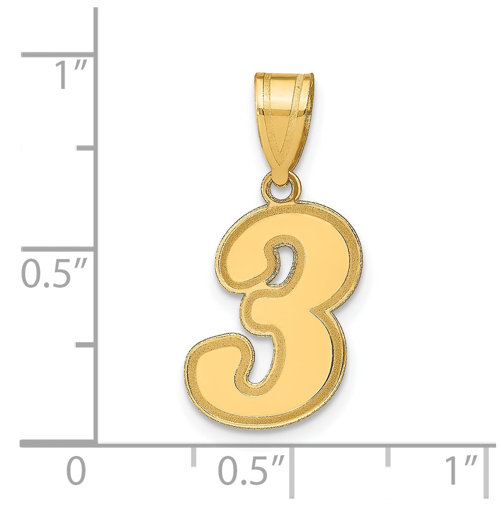 14K Yellow Gold Brushed Border Script Number 3 Pendant