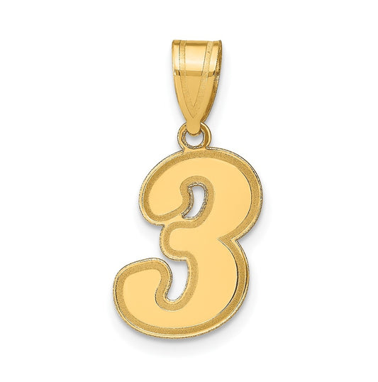 14K Yellow Gold Brushed Border Script Number 3 Pendant