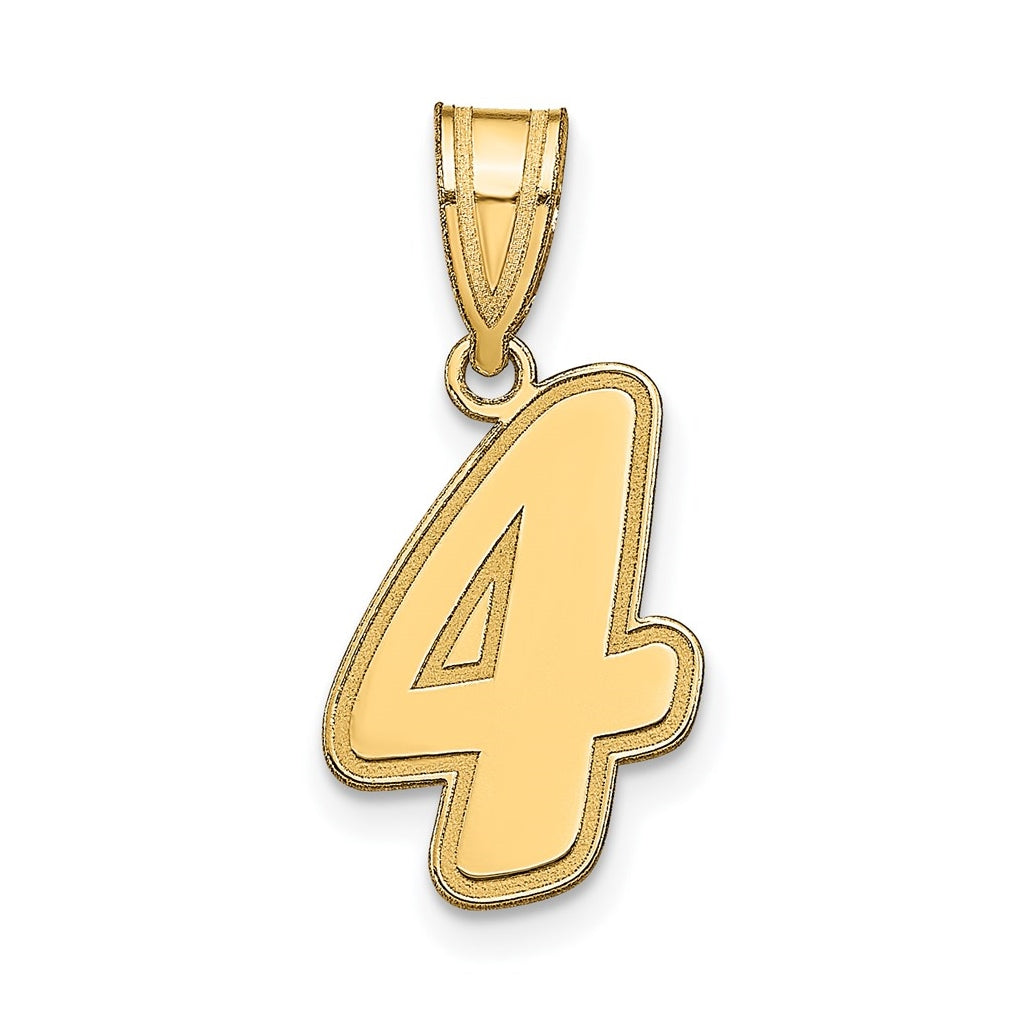 14K Yellow Gold Brushed Border Script Number 4 Pendant