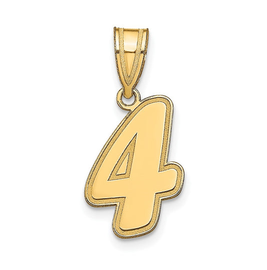 14K Yellow Gold Brushed Border Script Number 4 Pendant