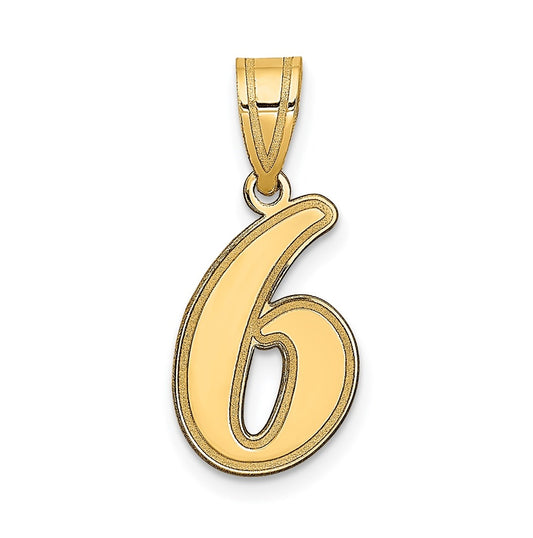 14K Yellow Gold Brushed Border Script Number 6 Pendant