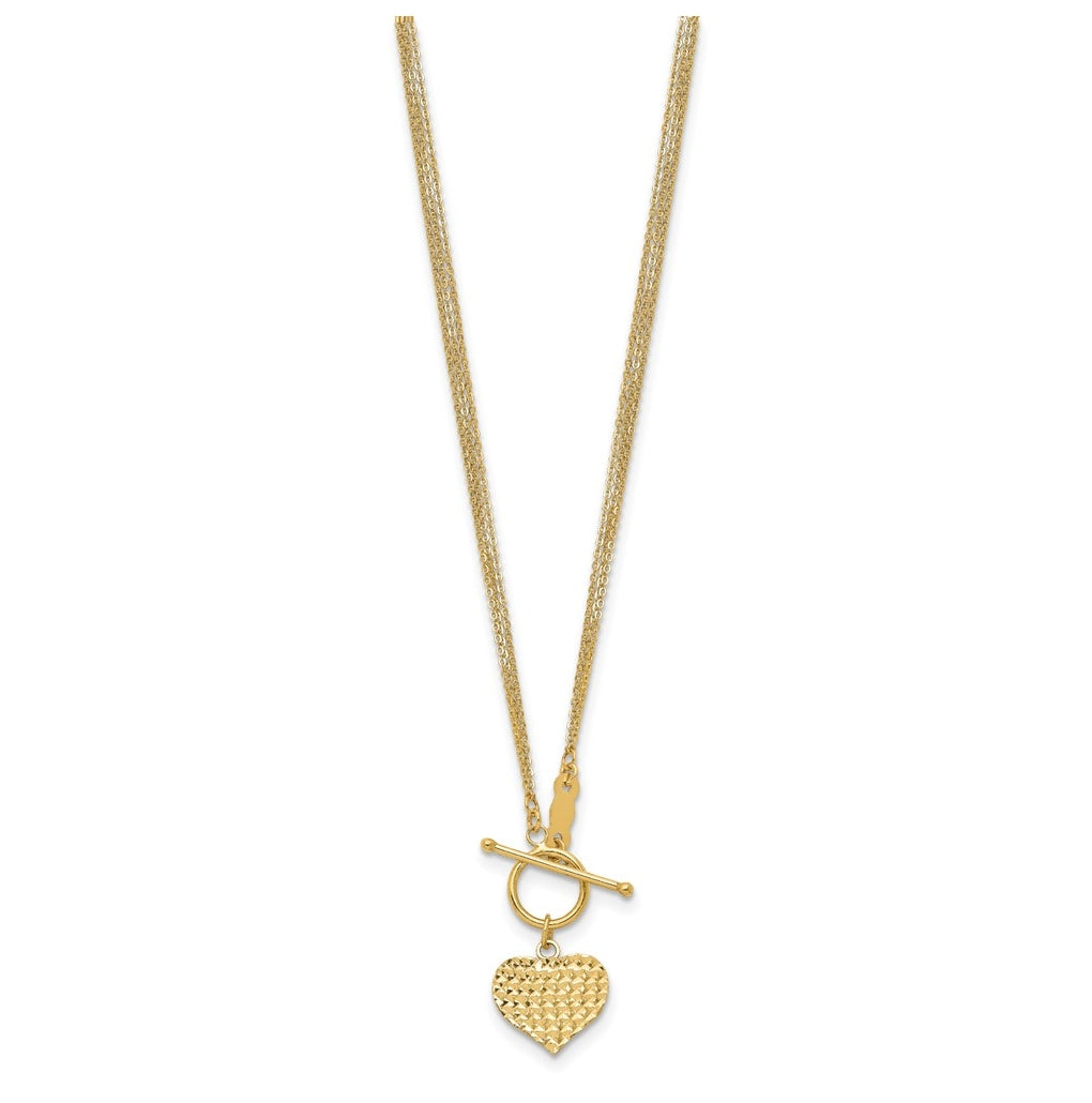 14K Yellow Gold Polished 3-Strand Diamond Cut Heart Toggle Necklace – Elegant Jewelry Gift for Birthday, Anniversary, Engagement, Wedding