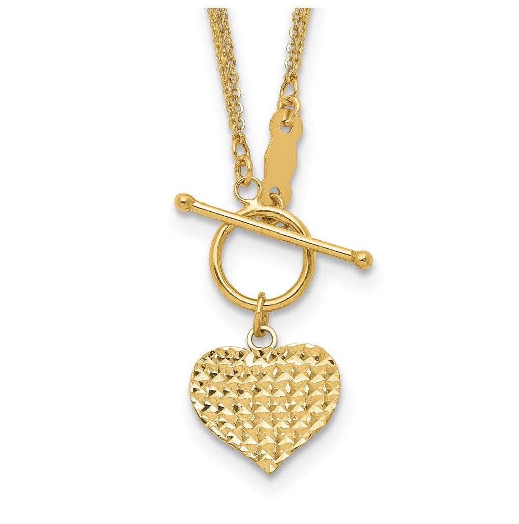 14K Yellow Gold Polished 3-Strand Diamond Cut Heart Toggle Necklace – Elegant Jewelry Gift for Birthday, Anniversary, Engagement, Wedding