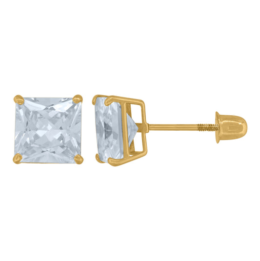 14K Yellow Gold Womens Princess-Cut Cubic-Zirconia 6mm Square Stud Earrings