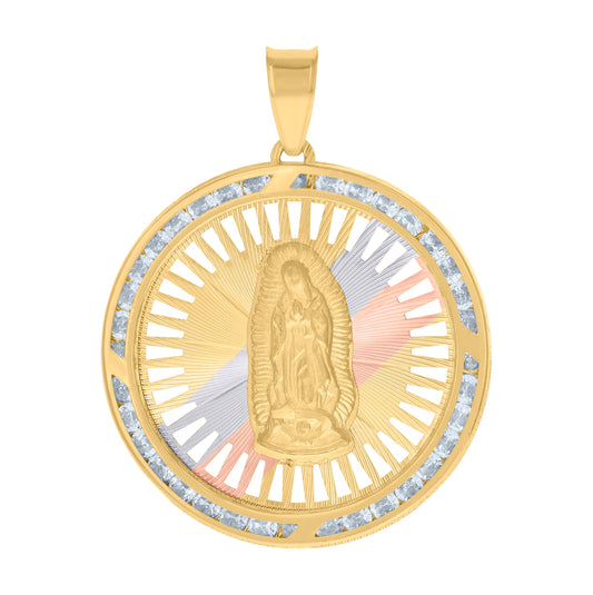 10K Tri-Tone Gold Unisex Cubic Zirconia Cubic-Zirconia Lady Of Guadalupe Religious Pendant