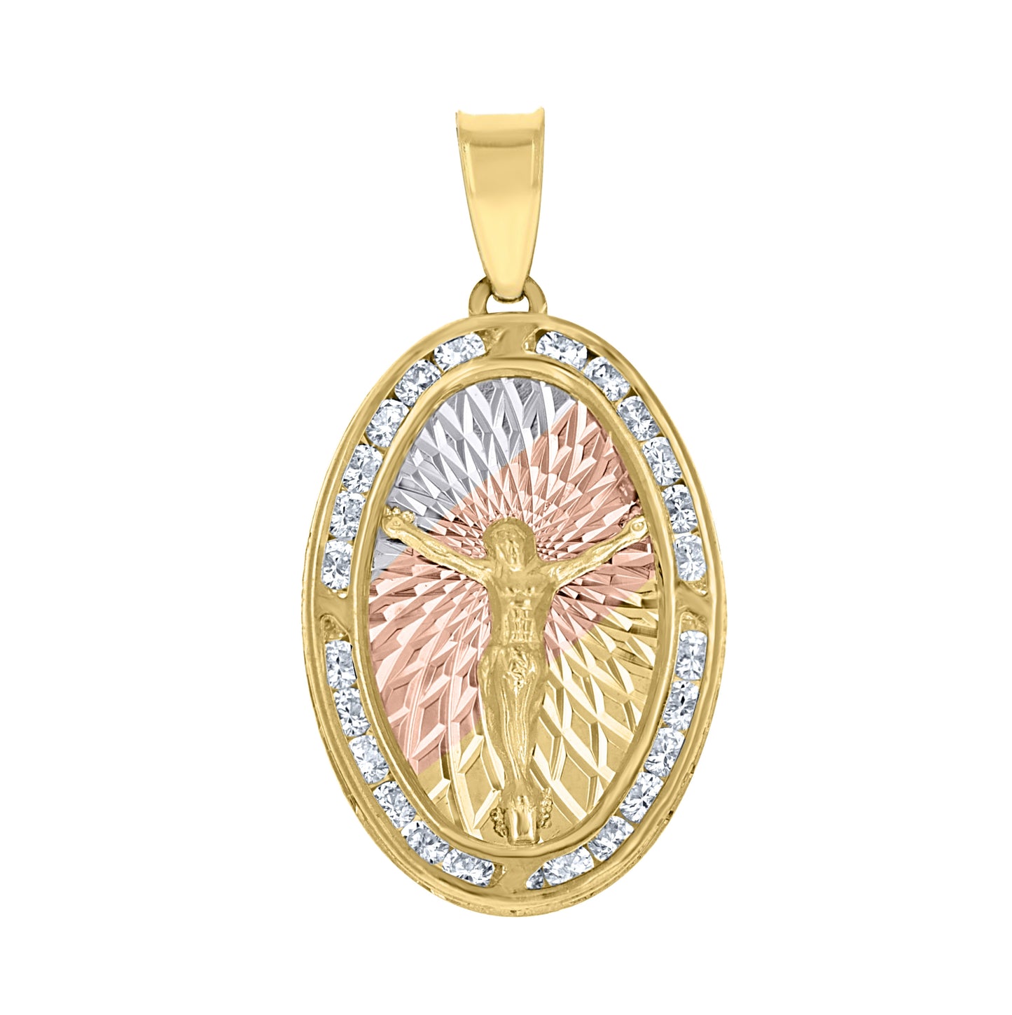 10K Tri-Color Gold Unisex Cubic-Zirconia Diamond-Cut Crucifix Religious Oval Charm Pendant