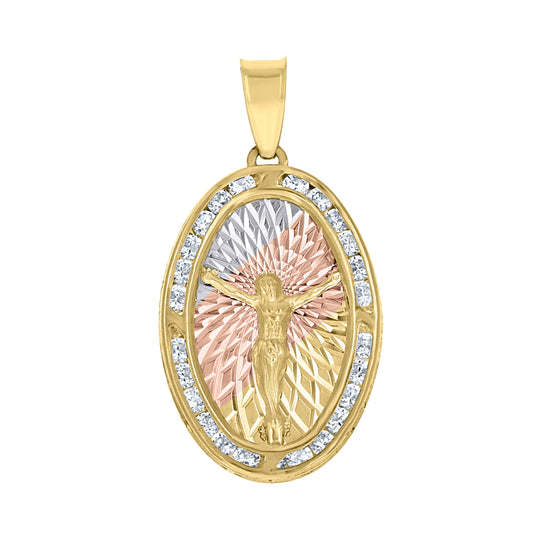 10K Tri-Color Gold Unisex Cubic-Zirconia Diamond-Cut Crucifix Religious Oval Charm Pendant