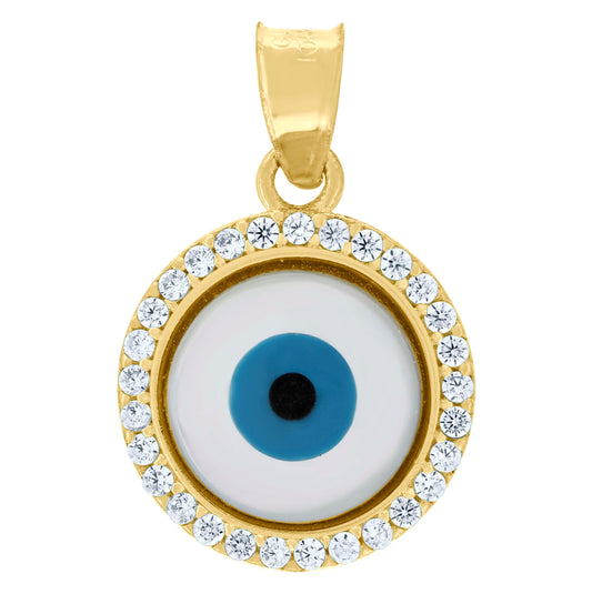 10K Yellow Gold Unisex Cubic-Zirconia Evil Eye Blue White Enamel Charm Pendant