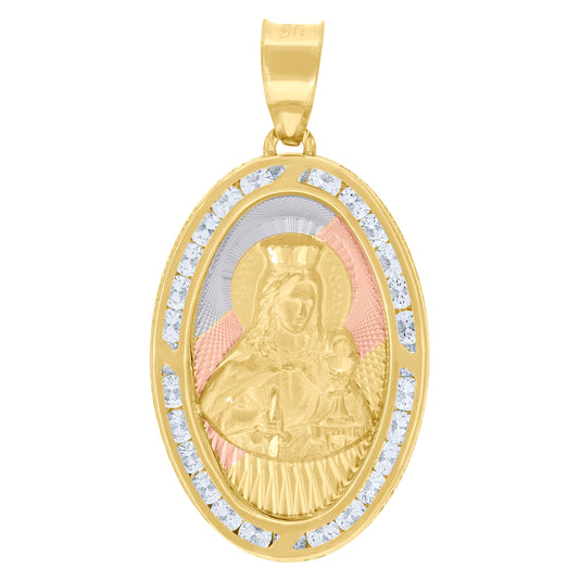 10K Tri-Color Gold Unisex Cubic-Zirconia Textured Santa Barbara Religious Oval Charm Pendant