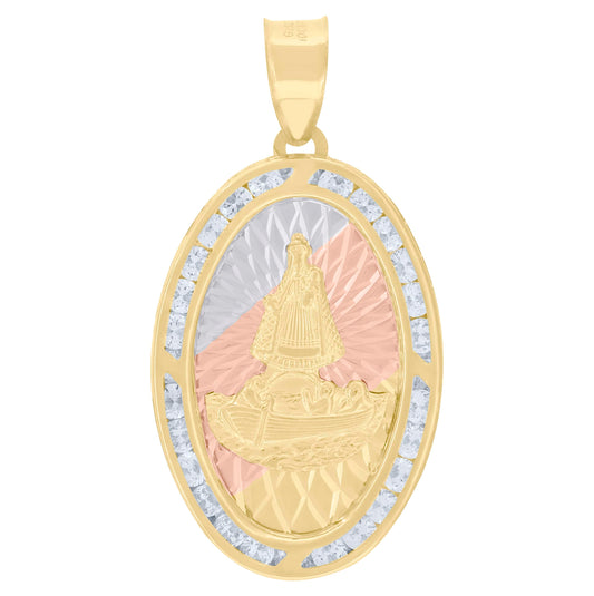 10K Tri-Color Gold Unisex Cubic-Zirconia Diamond-Cut Saint Brendan The Navigator Boat Plaque Religious Pendant
