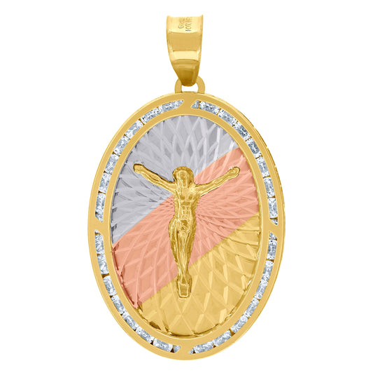 10K Tri-Color Gold Unisex Cubic-Zirconia Textured Crucifix Religious Oval Charm Pendant