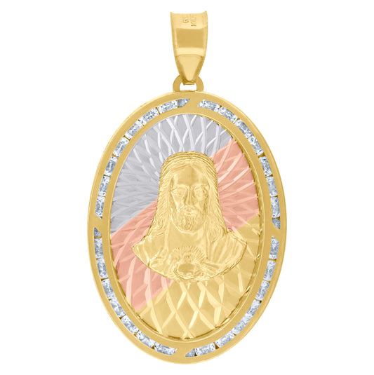 10K Tri-Color Gold Unisex Cubic-Zirconia Textured Sacred Heart Of Jesus Religious Oval Charm Pendant