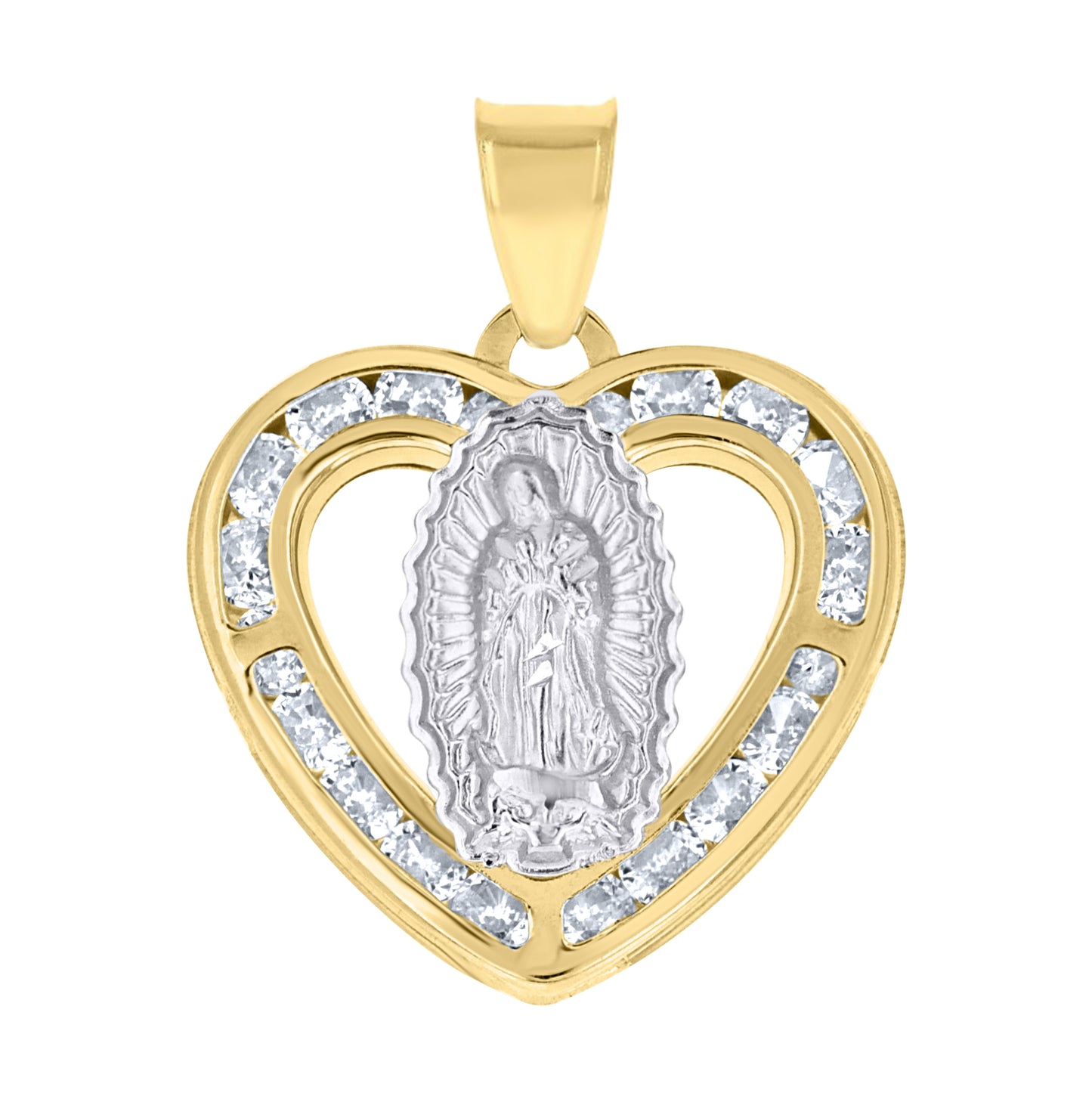 10K Two-Tone Gold Unisex Cubic-Zirconia Lady Of Guadalupe Heart Religious Charm Pendant