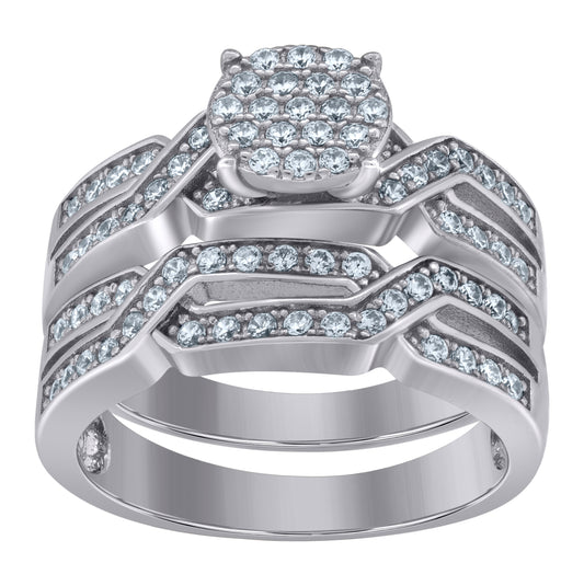Sterling Silver Womens Cubic-Zirconia Duo Bridal Anniversary Wedding Engagement Band Ring Set