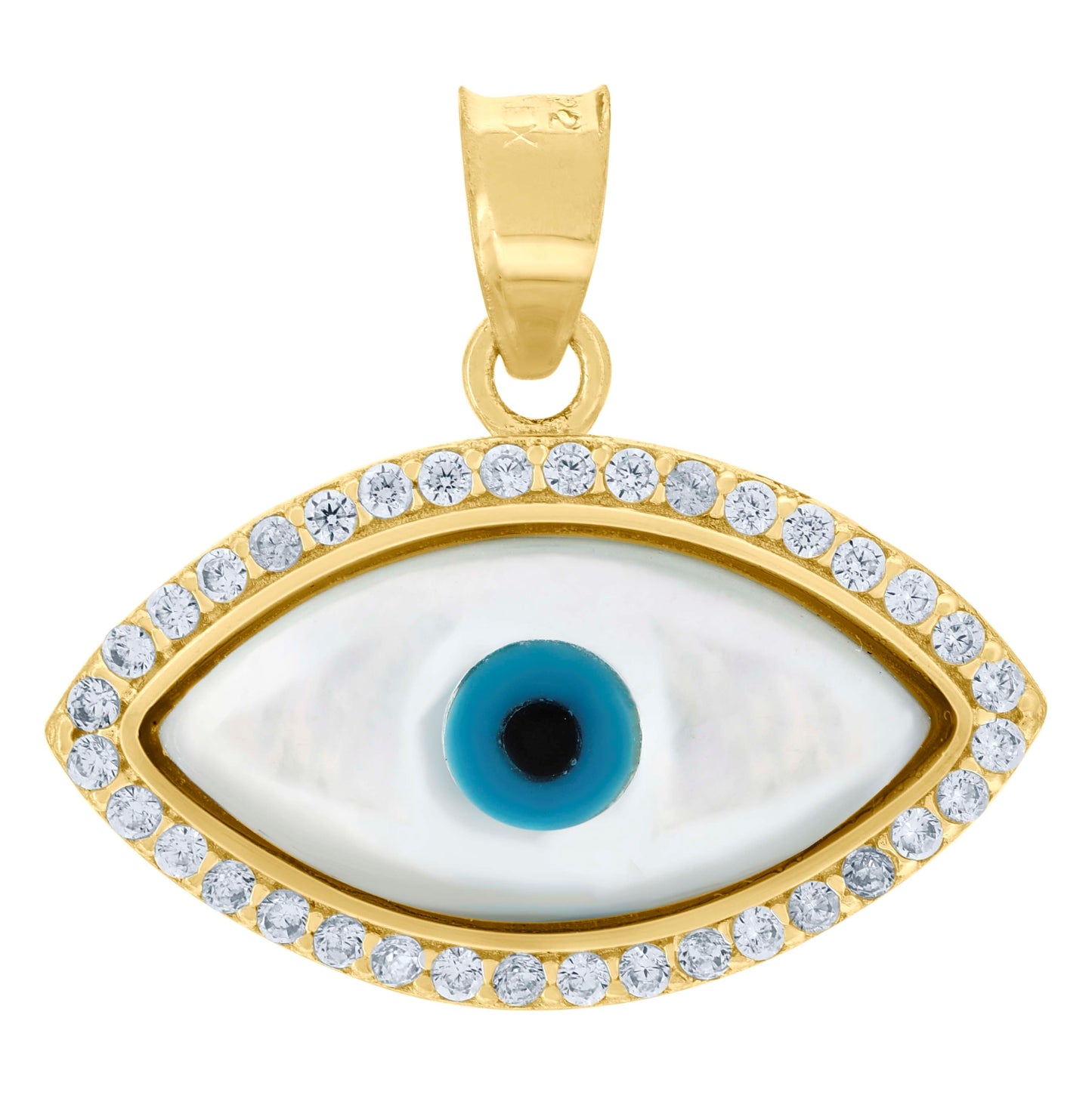 10K Yellow Gold Unisex Cubic-Zirconia Evil Eye Blue White Enamel Charm Pendant