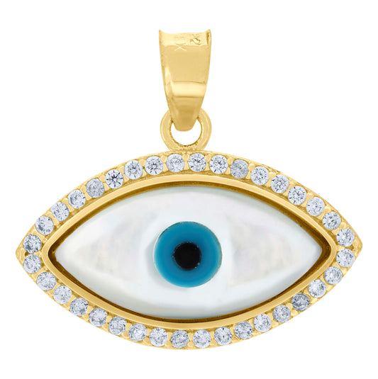 10K Yellow Gold Unisex Cubic-Zirconia Evil Eye Blue White Enamel Charm Pendant