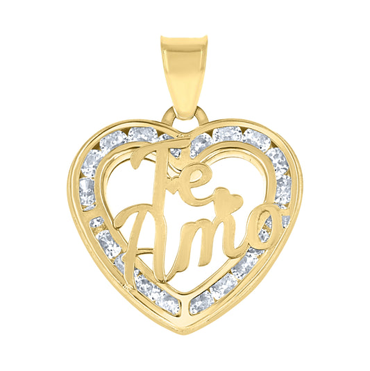 10K Yellow Gold Womens Cubic-Zirconia Te Amo Love Heart Charm Pendant