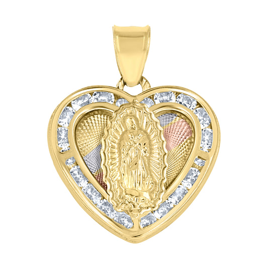 10K Tri-Color Gold Unisex Cubic-Zirconia Diamond-Cut Lady Of Guadalupe Religious Heart Charm Pendant
