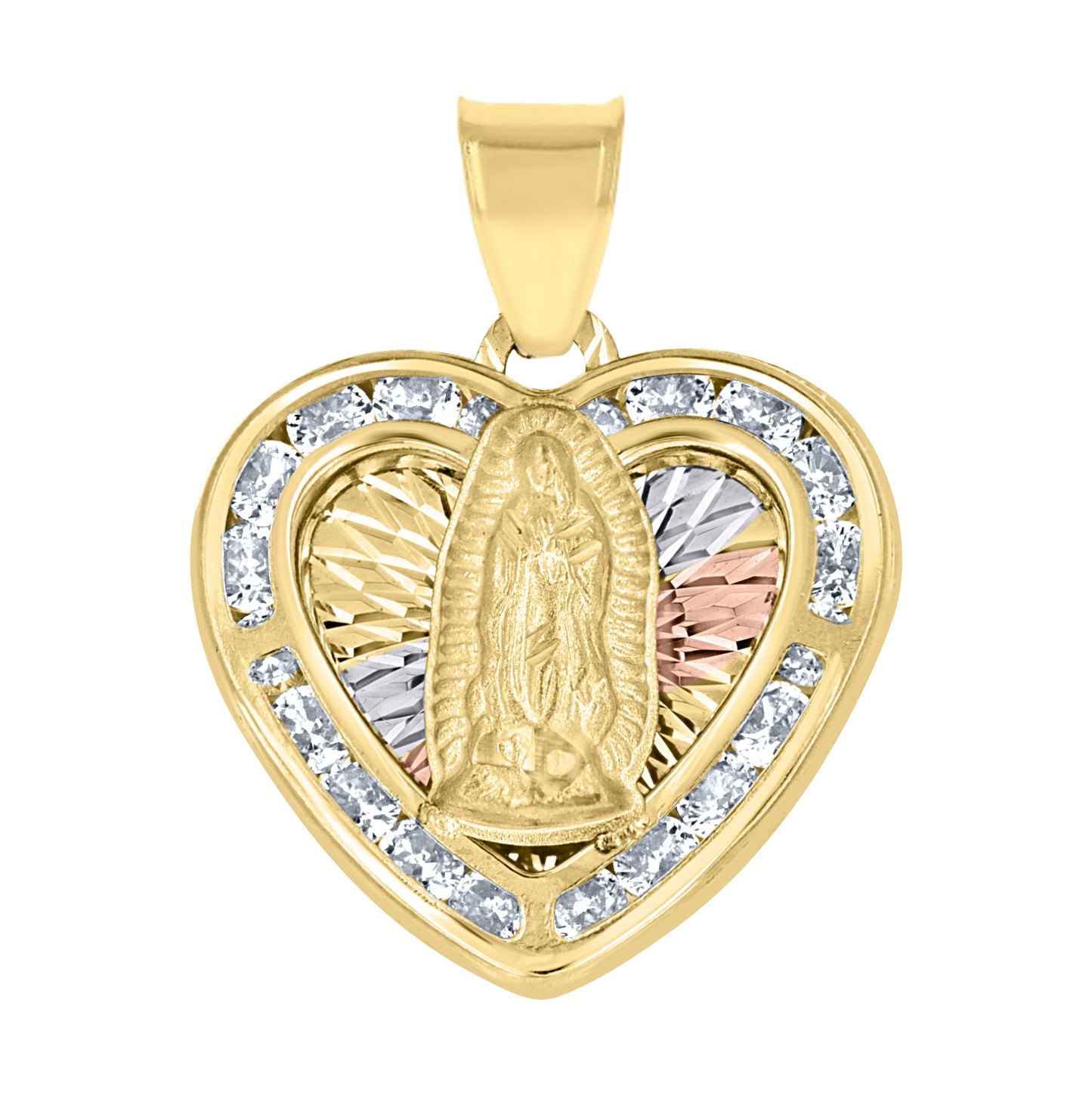10K Tri-Color Gold Unisex Cubic-Zirconia Diamond-Cut Lady Of Guadalupe Religious Heart Charm Pendant
