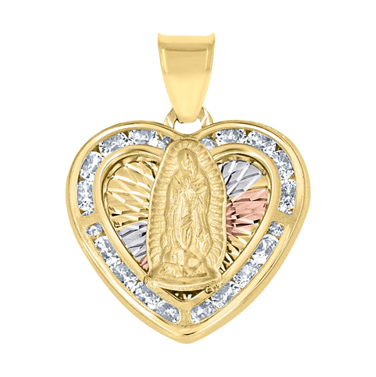 10K Tri-Color Gold Unisex Cubic-Zirconia Diamond-Cut Lady Of Guadalupe Religious Heart Charm Pendant