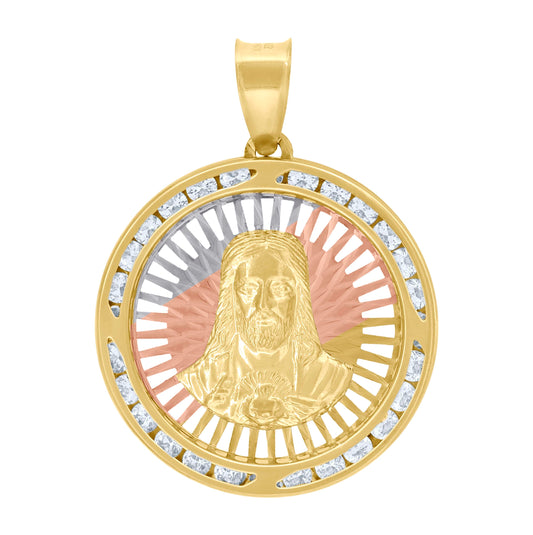10K Tri-Color Gold Unisex Cubic-Zirconia Diamond-Cut Sacred Heart Of Jesus Religious Charm Pendant