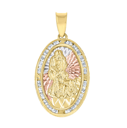 10K Tri-Color Gold Unisex Cubic-Zirconia Diamond-Cut Saint Lazarus Religious Oval Charm Pendant