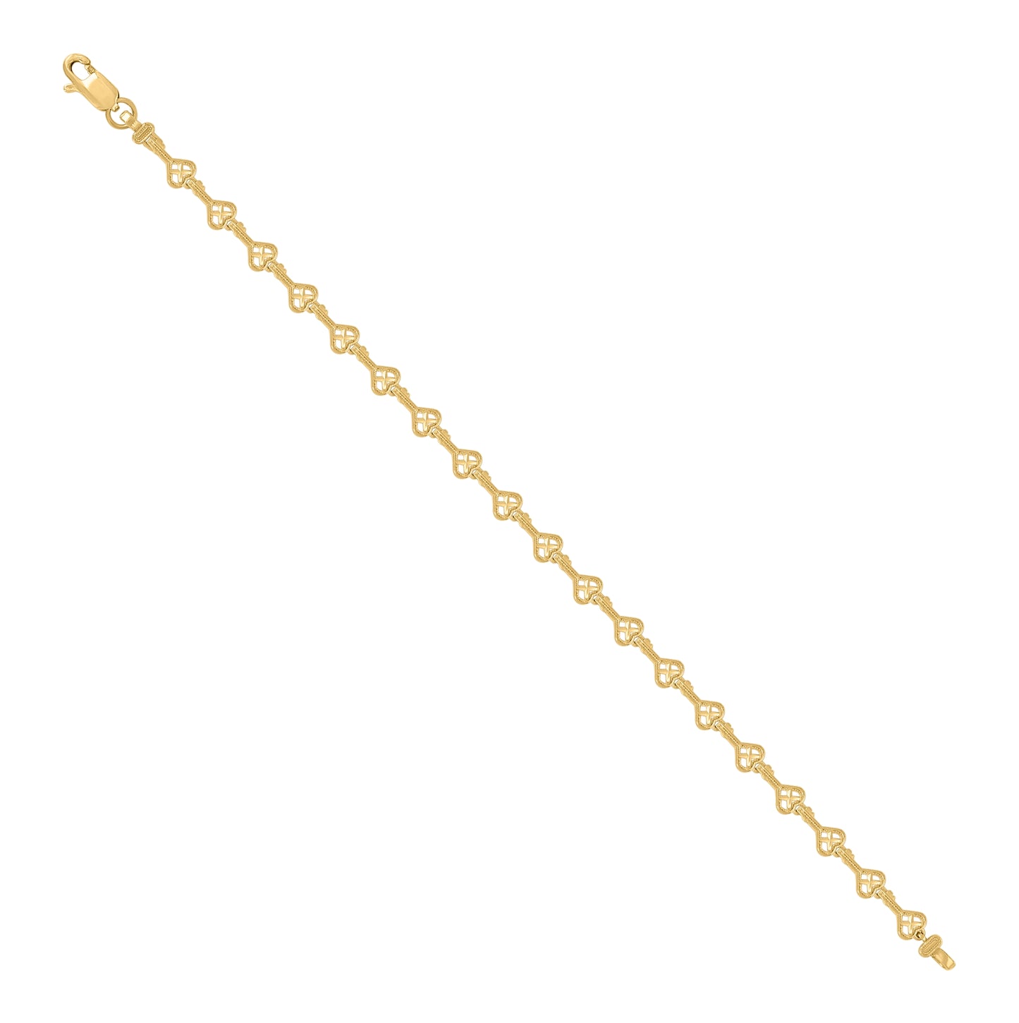 10K Yellow Gold Womens Heart Key Link 8" Bracelet
