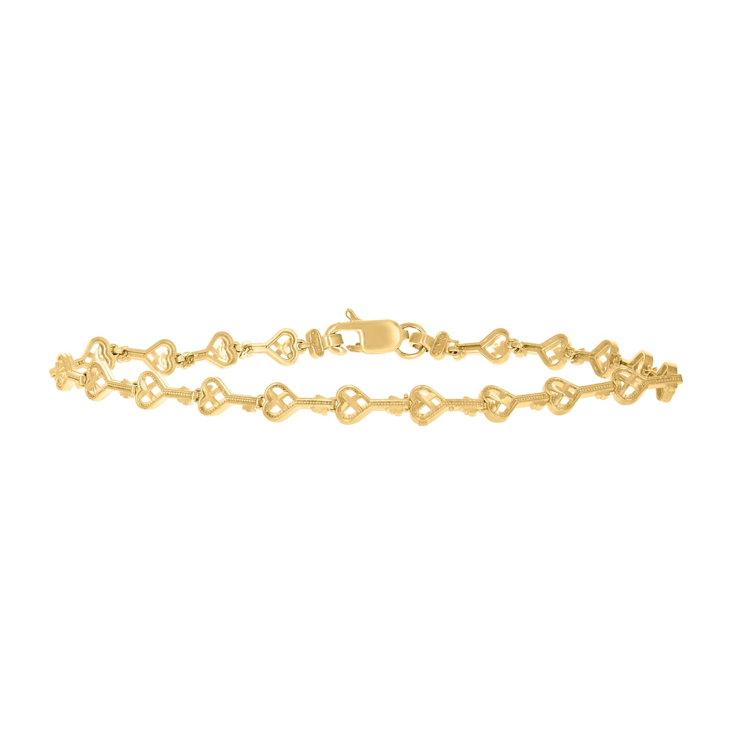 10K Yellow Gold Womens Heart Key Link 8" Bracelet
