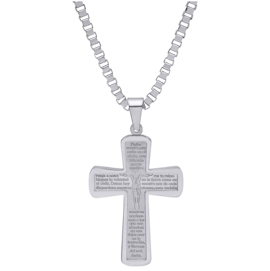 Stainless Steel Mens Lord's Prayer Cross Religious Charm Pendant