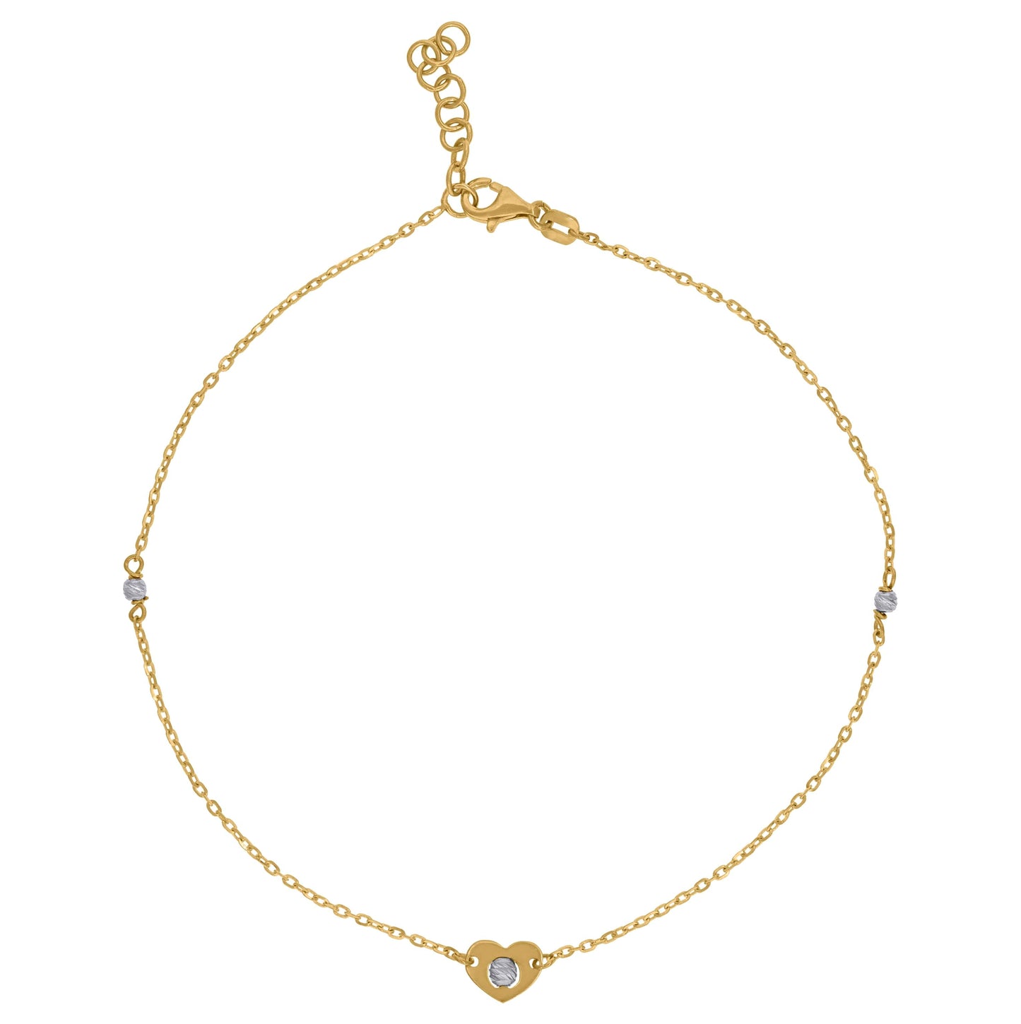 14K Two-Tone Gold Womens Polished Finish Textured Heart Beaded Anklet